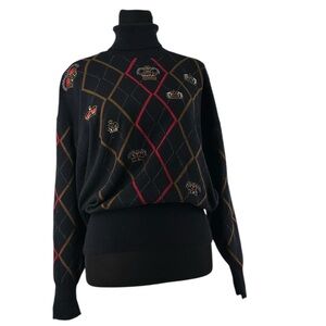 Escada vintage Crown argyle sweater Jewel Embroidered British Crown Blue Sz sm